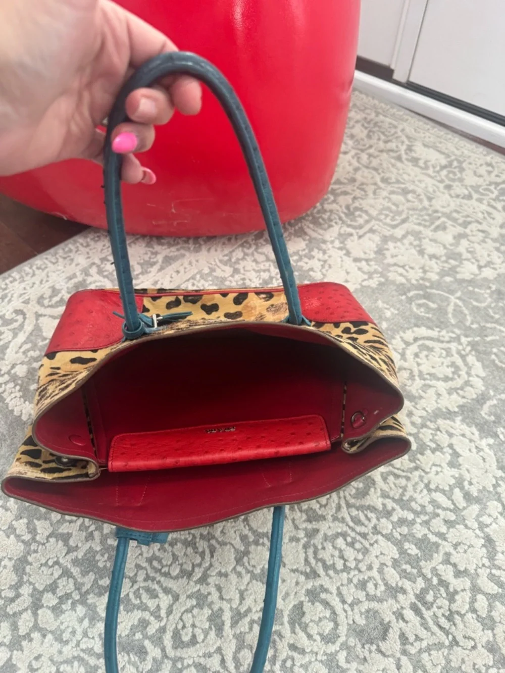 Prada Leopard Haircalf Tote Bag + Wallet Set Teal Red Rare Colorblock Authentic - Picture 14 of 14